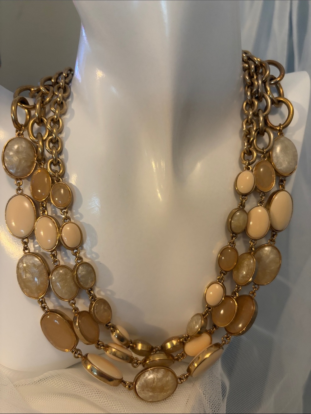 Vintage Talbots Gold-Tone Multi-Strand Necklace with Cream and Beige Cabochons